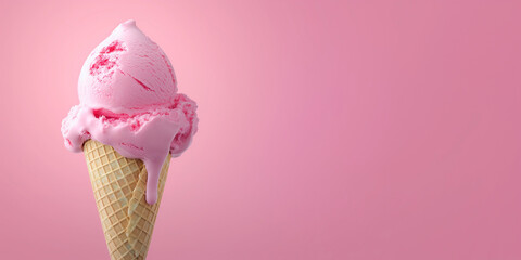 Strawberry ice cream with waffle cone isolated on pink background, copy space