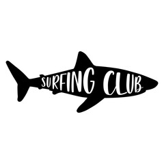 Logo club de surf. Texto Surfing Club con silueta de tiburón