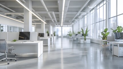 A modern office interior with white desks and chairs, featuring large windows that create an open space atmosphere. 