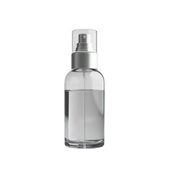 A clear glass spray bottle with a metallic silver pump and cap. The bottle is filled with a transparent liquid - AI Generated Digital Art