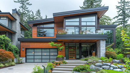 Contemporary coastal home with a sleek front facade, large windows, and a garage blending into the environment