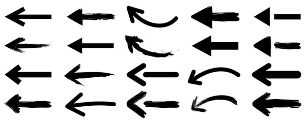 Grunge arrow vector. Set simple arrows isolated on white background. Arrow mark icons. Grunge arrow pain. Black grunge hand drawn arrows. Vector illustration