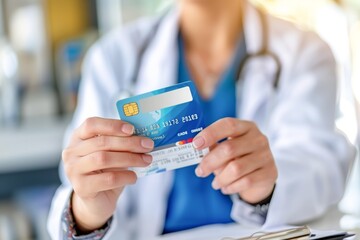 Doctor holding a credit card, suggesting healthcare payments.