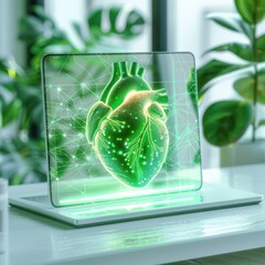 A high-tech, three-dimensional hologram of a human heart in vibrant green, displayed on an ultra-modern laptop screen. - AI Generated Digital Art