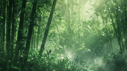 lush bamboo forest, with tall bamboo stalks swaying gently in the breeze and filtering sunlight...