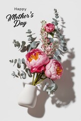 Happy Mother's Day! Elegant Vase with Pink and White Floral Arrangement on Light Background.