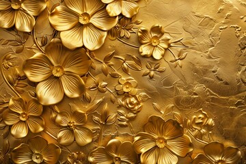 Gold floral background, golden foil, embossed flowers pattern, abstract 3d textured paper