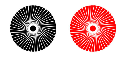 Radial circle lines. Circular lines elements. Symbol of Sun star rays. Flat design element. Abstract illusion geometric shape. Spokes with radiating stripes. Vector graphic illustration.