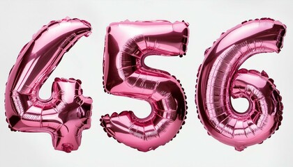 Numbers 4, 5, 6 as helium pink metallic balloons on a flat white background