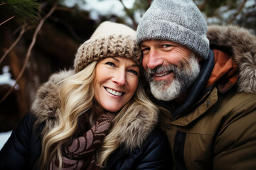 Obraz premium Generated with AI image of a beautiful cheerful couple walking enjoying winter picnic outdoors