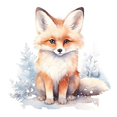 Obraz premium Watercolor cute fox in a snowy setting, framed by frosted trees, isolated on white background.