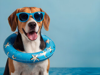 Cute beagle dog wearing sunglasses and a swimming ring on a blue isolated background. The concept of a summer holiday by the sea. Banner. Copy space.
