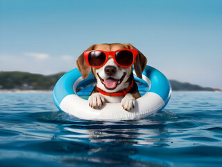 Cute beagle dog wearing sunglasses and a swimming ring. The concept of a summer holiday in sea. 