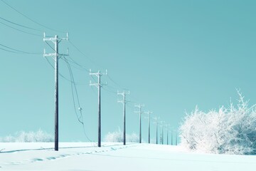 A long line of power poles with snow on them