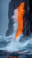 A lava flow is shooting out of a volcano and into the ocean