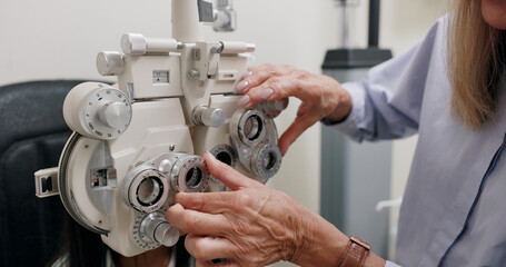 Child, machine and eye test for vision in clinic with ophthalmology, optical assessment and...