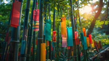 Vibrant Bamboo Forest with Colorful Japanese Tanabata Prayer Tags Hanging from the Stalks