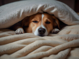Dog sleeping under the blanket in bed , warm and cozy and cuddly.