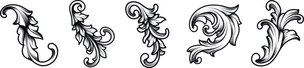 Set of Baroque engraved vector illustration. Victorian floral ornamental borders, arabesque flourish damask ornament, vintage decorative frame elements. 