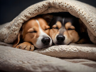Couple of dogs in love sleeping together under the blanket in bed , warm and cozy and cuddly.