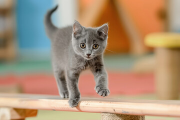 Gray kitten exploring a cat play area with curiosity.