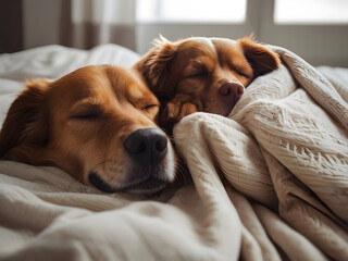 Couple of dogs in love sleeping together under the blanket in bed , warm and cozy and cuddly.