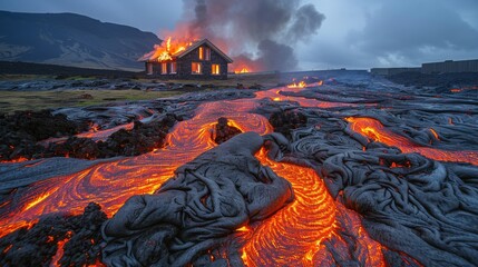 A house is on fire and the lava is flowing down the side of it