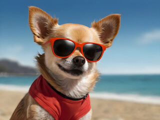 Cool chihuahua dog at the beach wearing sunglasses
