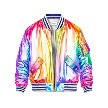 recommend clip art: Bomber jacket in rainbow reflective color watercolor illustration, aura gradient style, clipart clothing fashion outfit