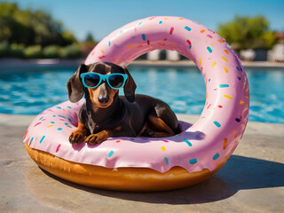 Amusing dachshunds rest on doughnut shape swimming circle in fashionable sunglasses. 