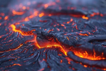 A lava flow is depicted in a fiery orange and blue color scheme