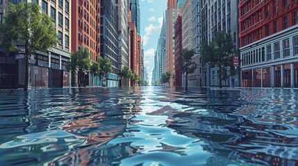 Climate Change: A 3D vector illustration of a flooded city street