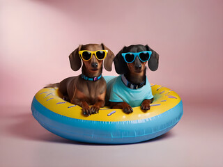Couple of amusing dachshunds rest on doughnut shape  swimming ring in fashionable sunglasses. 
