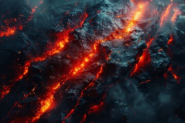 A lava flow is depicted in a fiery orange and blue color scheme