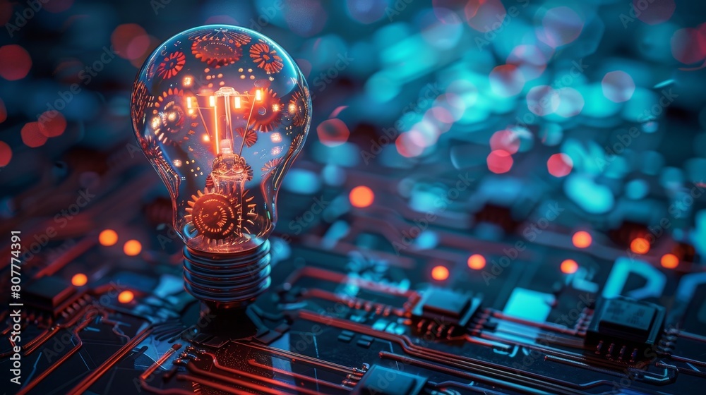Wall mural creativity and design: a 3d vector illustration of a lightbulb with gears and a computer chip inside