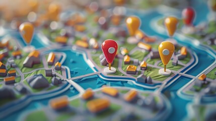 Community Mapping: A 3D vector illustration of a map with pins marking locations of community centers