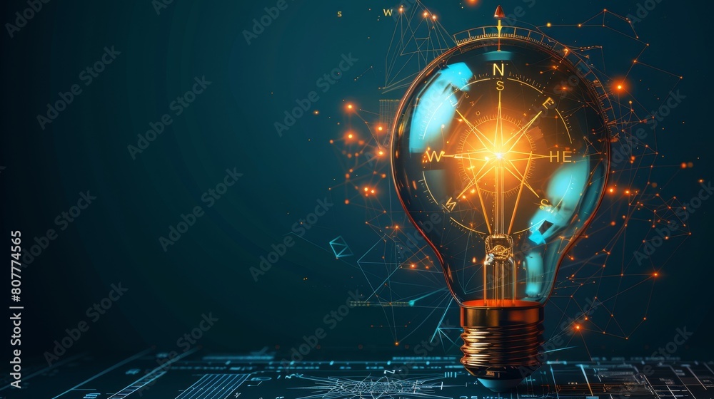 Wall mural creativity and design: a 3d vector illustration of a lightbulb with a compass and blueprint inside