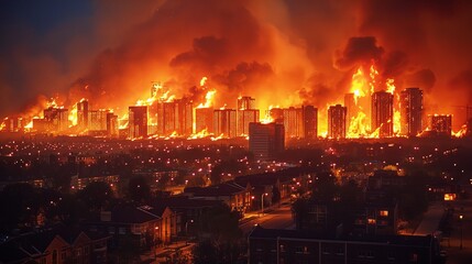 Naklejka premium A city is on fire with many buildings in flames