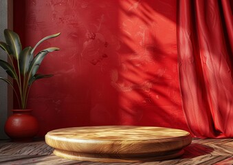 A round flat podium, red background , Chinese style, 3D rendering, studio lights, minimalist product display mock up