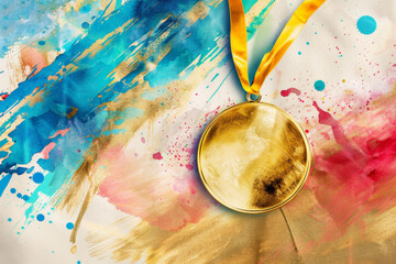 A stylized representation of a gold medal surrounded by abstract shapes and colors symbolizing speed and success, with no direct reference to the Olympics, watercolor