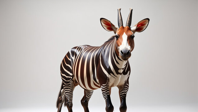  okapi, an African mammal with black and white stripes on its legs and a reddish-brown body.