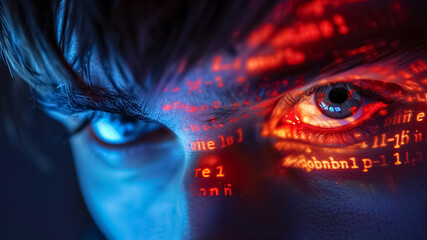 Intense close-up of a human eye enhanced with a digital overlay, featuring glowing red and blue data codes.