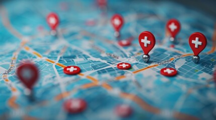 Emergency Response: A 3D vector illustration of a map with pins indicating medical facilities and first aid stations for emergency response