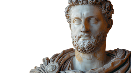 Ancient Greek statue of an ancient Roman senator in marble isolated. Ancient roman Emperor statue in stone isolated on simple background. Ancient Greek architecture isolated