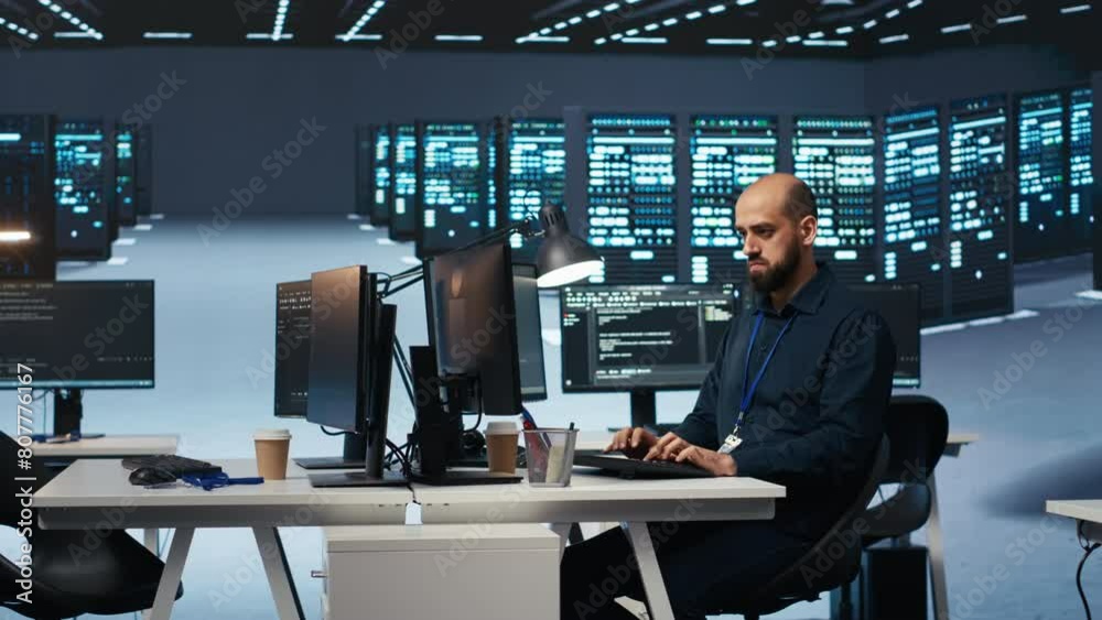 Poster experienced person typing code on computer monitors in high tech facility with server rows providing
