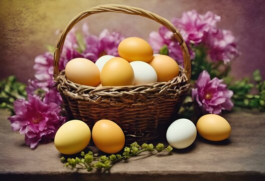 AI generated illustration of a yellow backdrop with chicken eggs in a basket and flowers