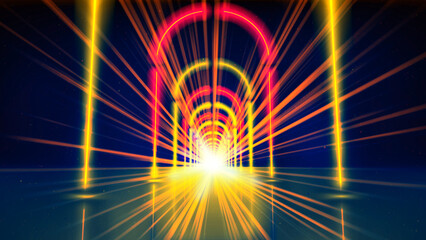 Flight movement through arcade of glowing neon lines, tunnel, corridor. Abstract geometric background, flying in cyberspace. Red yellow gold neon arch, perspective. Bright golden glow. Design element