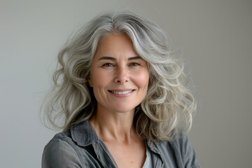 Fototapeta premium Close-up portrait of a beautiful senior woman smiling, with gray hair isolated on a clean background. Healthy face skin care beauty, skincare cosmetics concept.