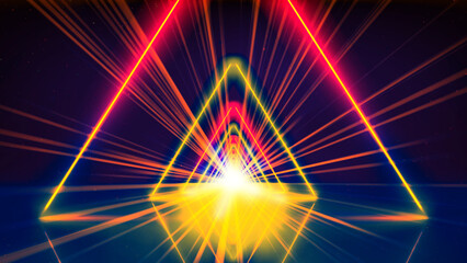 Flight movement through arcade of glowing neon tunnel, triangle. Abstract geometric background, flying in cyberspace. Red yellow gold neon arch, perspective. Bright golden glow. Design element