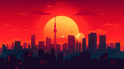 Futuristic cityscape bathed in red hues, featuring an iconic tower and round sun, with birds flying above in a stylized sky.